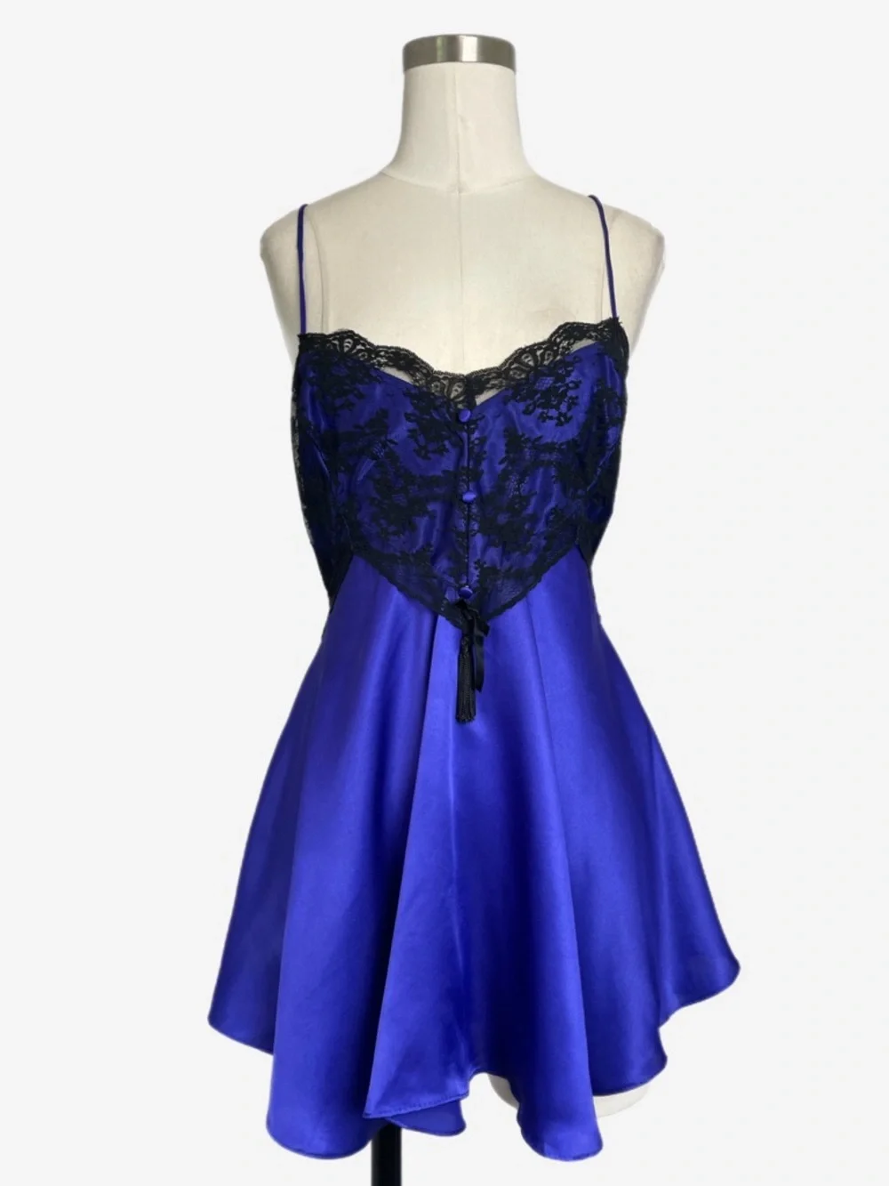 Vintage 90s Amelia’s Royal purple blue satin black sheer lace chemise lingerie S - Picture 1 of 11